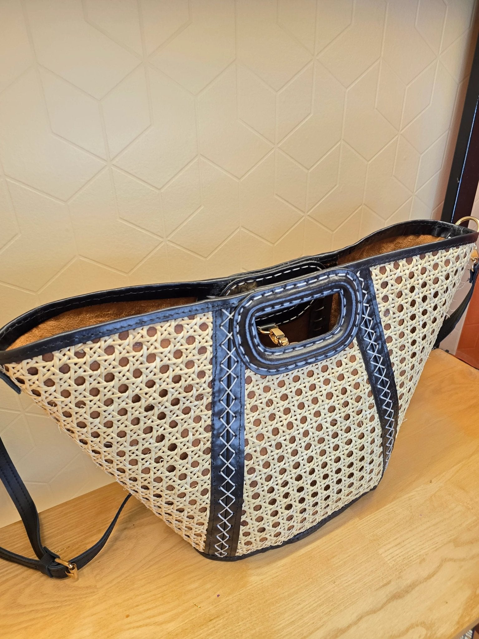 Panier en Cannage et cuir Noir - Ij Beldi