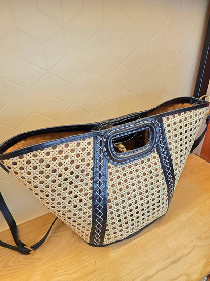 Panier en Cannage et cuir Noir - Ij Beldi