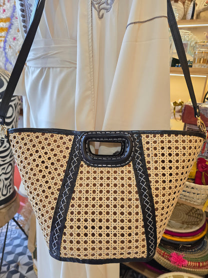 Panier en Cannage et cuir Noir - Ij Beldi
