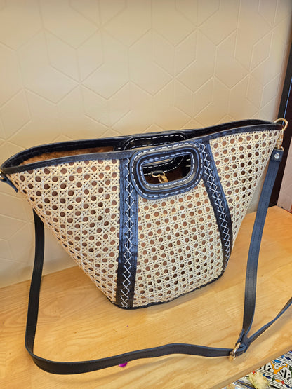 Panier en Cannage et cuir Noir - Ij Beldi