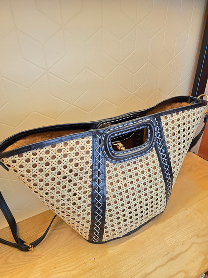 Panier en Cannage et cuir Noir - Ij Beldi