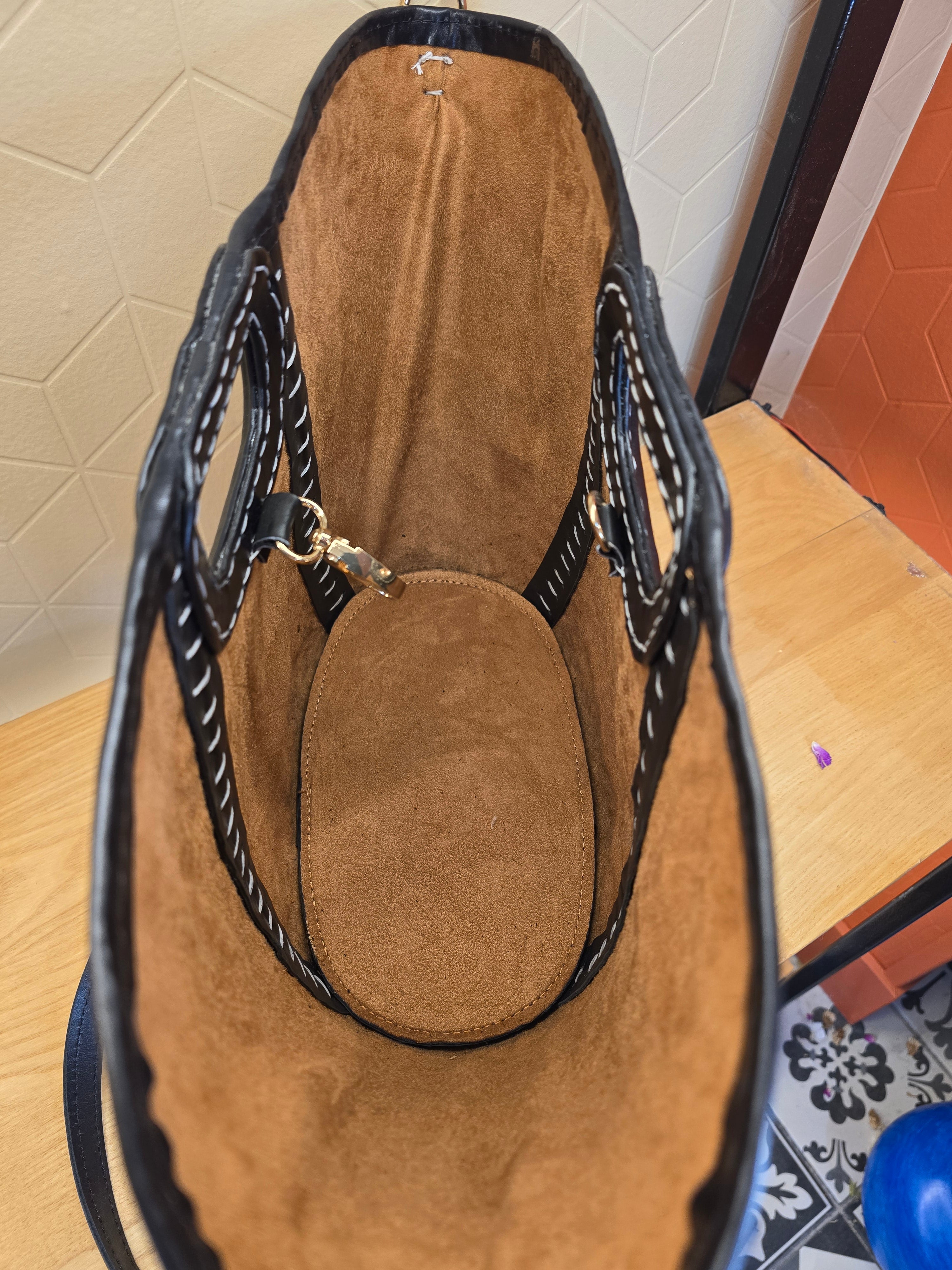 Panier en Cannage et cuir Noir - Ij Beldi