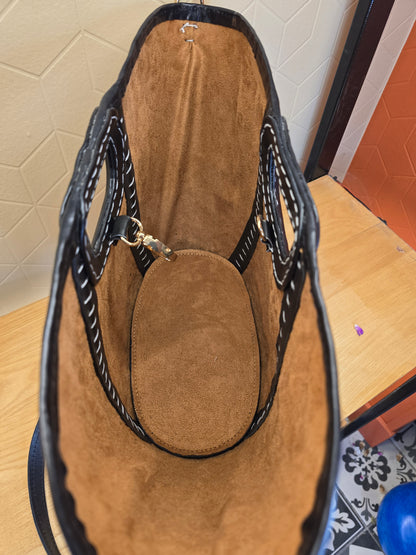 Panier en Cannage et cuir Noir - Ij Beldi