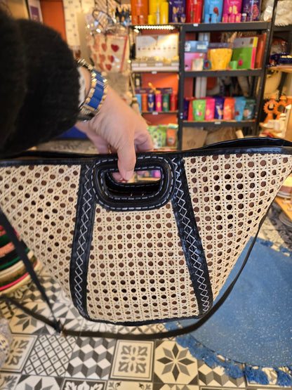 Panier en Cannage et cuir Noir - Ij Beldi