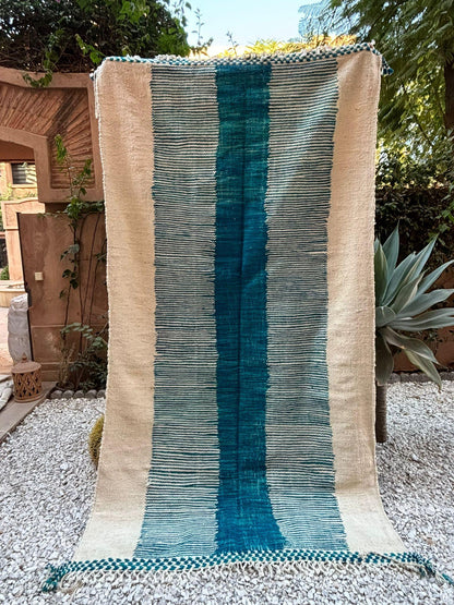 Tapis Azilal Rayé Bleu et Écru - Ij Beldi